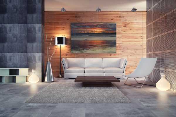Modern minimalist living room with Beach Sunset photo on wall
