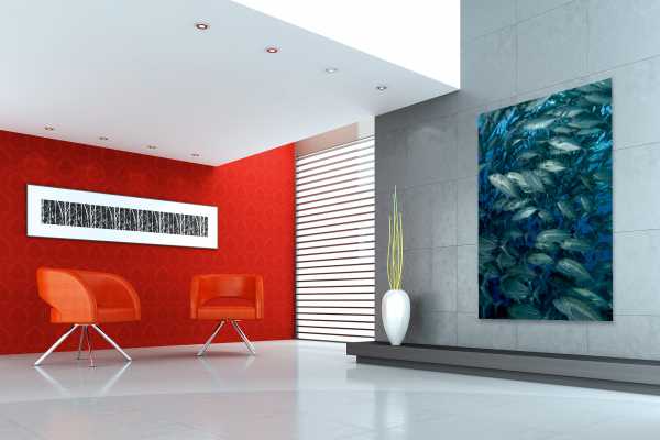 Modern living room with School of Bigeye Trevally displayed on t