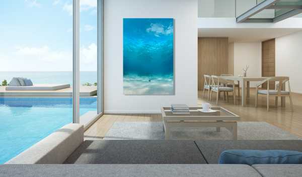 Modern ocean front living room interior Blue on wall